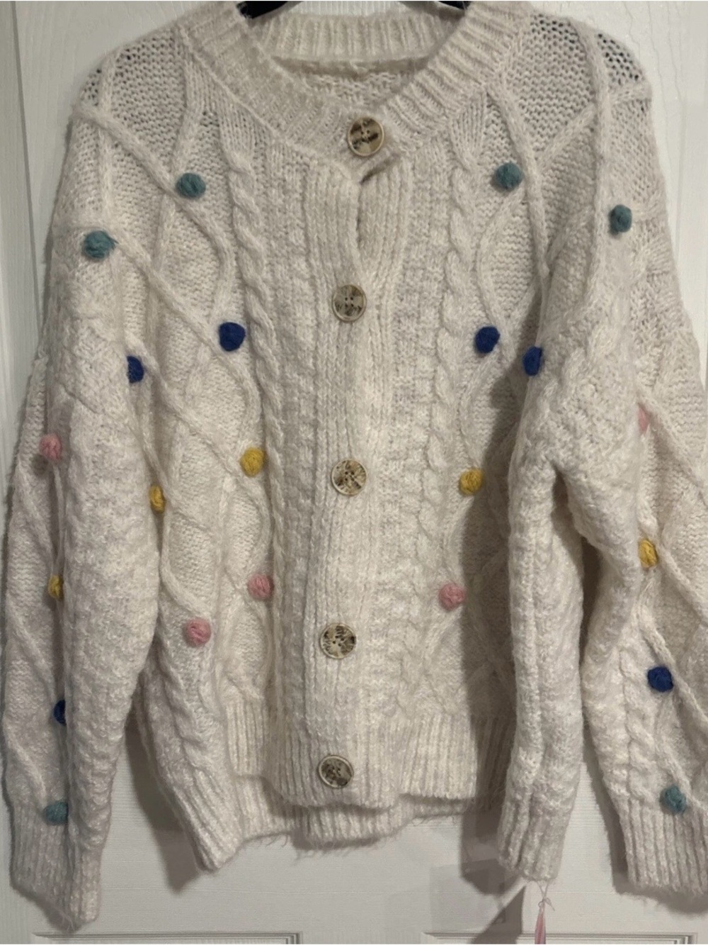 CHICWISH Cream Cable-Knit Button Cardigan with Colorful Pom-pom Accents small.